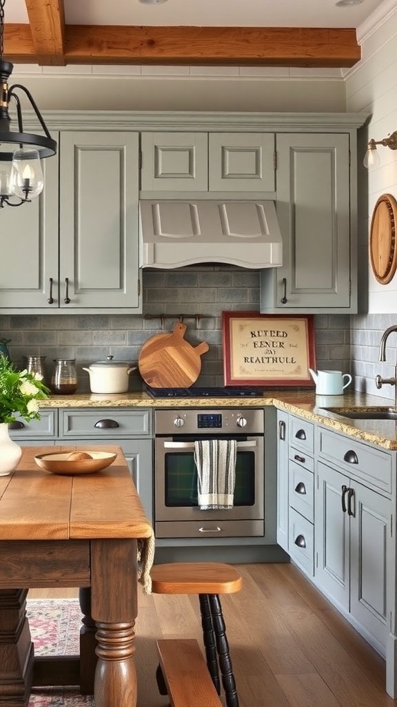 A cozy kitchen featuring vintage gray distressed cabinets, wooden beams, and rustic decor