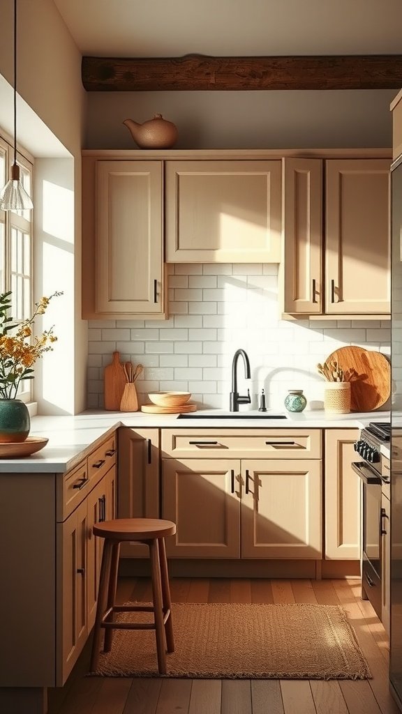 A cozy kitchen featuring warm greige cabinets, a white subway tile backsplash, and natural wood accents.