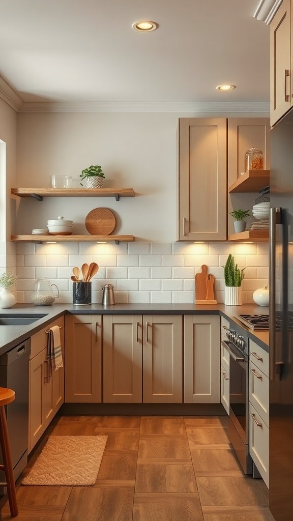 Cozy kitchen with warm greige cabinets and open shelving