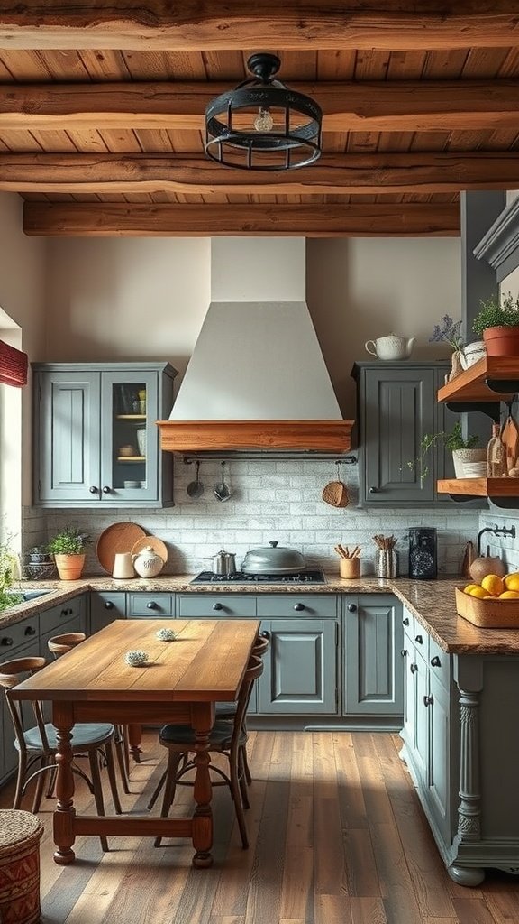 Cozy kitchen featuring weathered gray cabinets with rustic wooden elements