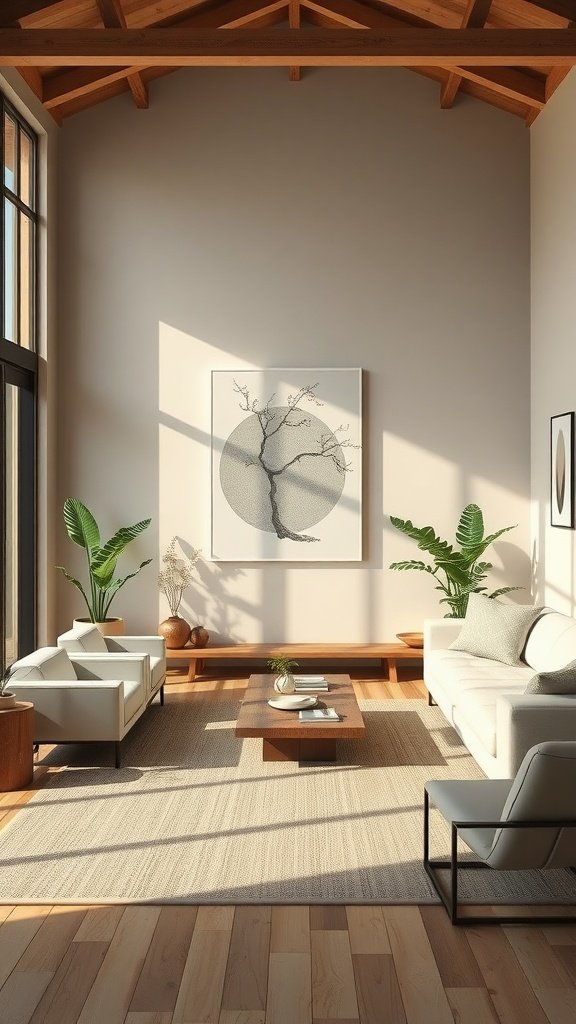 A zen-inspired living room featuring large windows, minimalist decor, green plants, and natural light.